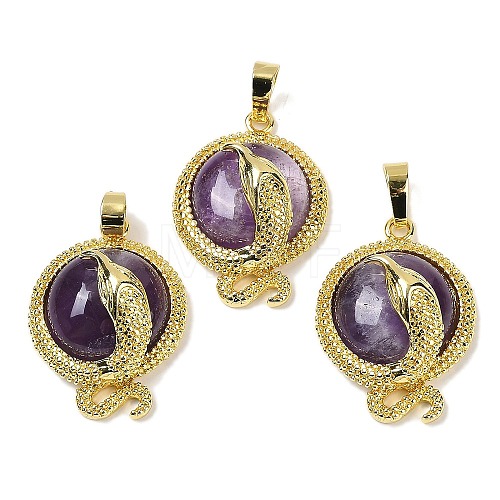 Natural Amethyst Flat Round Shaped Brass Pendants KK-F887-03G-24-1