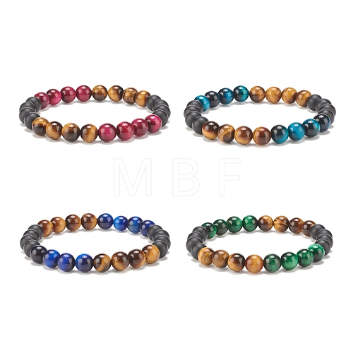 4Pcs 4 Colors Natural Tiger Eye & Black Agate(Dyed) Round Beaded Stretch Bracelets Set BJEW-JB08086-1