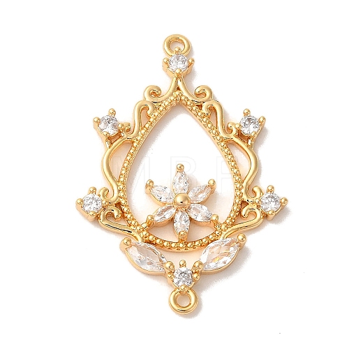 Brass Pave Clear Cubic Zirconia Teardrop with Flower Links Connector Charms KK-M294-16G-1