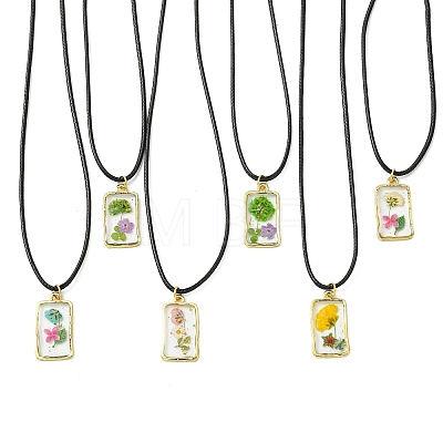 Transparent Resin Rectangle with Dried Flower Inner Pendant Black Waxed Cord Necklaces NJEW-JN06333-1