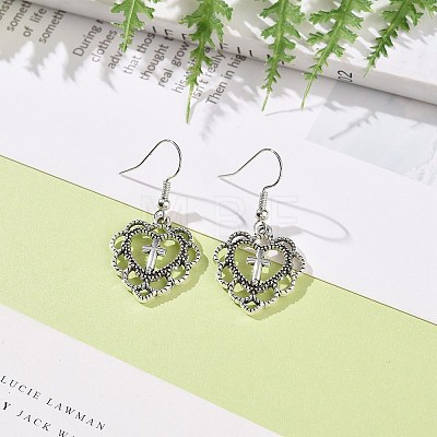 Alloy Heart with Cross Dangle Earrings for Women EJEW-JE05133-1