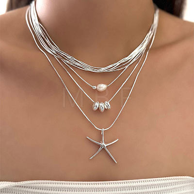 Summer Beach Plastic Pearl and CCB Plastic Bead & Alloy Starfish Pendant Multi Layered Necklaces for Women WG66952-01-1