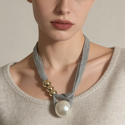 White Imitation Pearl Round Pendant Cloth Cord Necklaces with CCB Plastic Beads for Women WGDA1DD-01-1