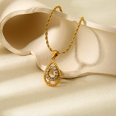 304 Stainless Steel Micro Pave Clear Cubic Zirconia Teardrop with Ring Pendant Necklaces for Women WGE593C-01-1