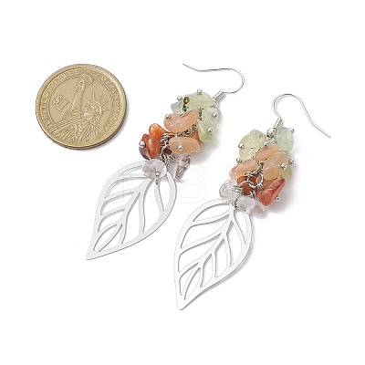 Leaf 201 Stainless Steel Natural Quartz Crystal & Natural Prehnite & Natural Carnelian & Natural Sunstone Chip Dangle Earrings EJEW-JE06138-03-1