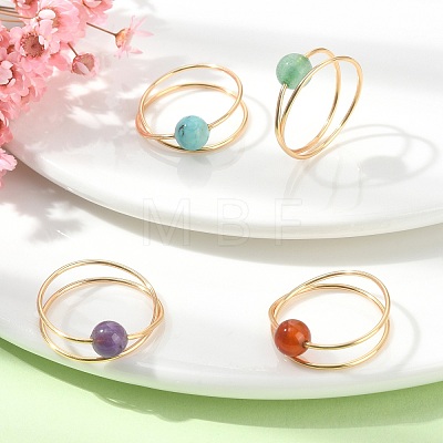 4Pcs 4 Style Natural & Synthetic Mixed Gemstone Round Beaded Finger Rings Set RJEW-TA00091-1