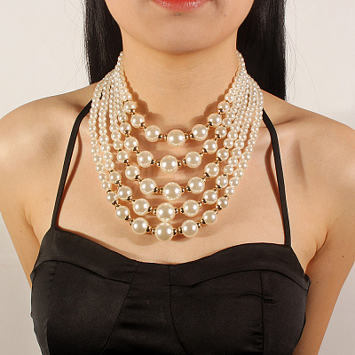 ABS Plastic Imitation Pearl Round Beaded Multilayer Necklaces & Dangle Earrings Sets WGC2095-02-1