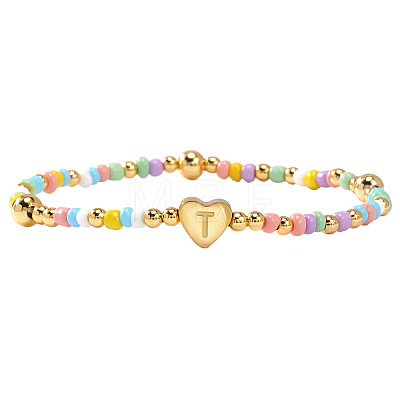 Summer Stainless Steel Heart Alphabet Colorful Glass Seed Beaded Stretch Bracelets for Women JV8929-46-1