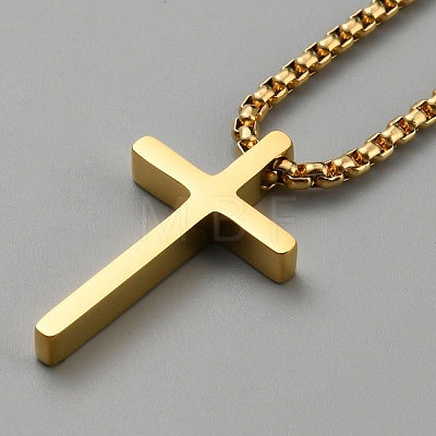 Stainless Steel Cross Pendant Necklace with Box Chains NJEW-WH0016-48G-1
