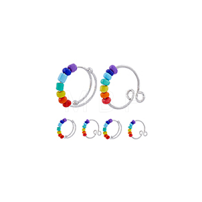 10Pcs 2 Style Rainbow Color Glass Beaded Rotating Open Cuff Rings Set RJEW-DC0001-15-1