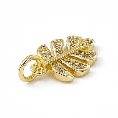 Brass Micro Pave Clear Cubic Zirconia Leaf Charms ZIRC-F132-62G-1