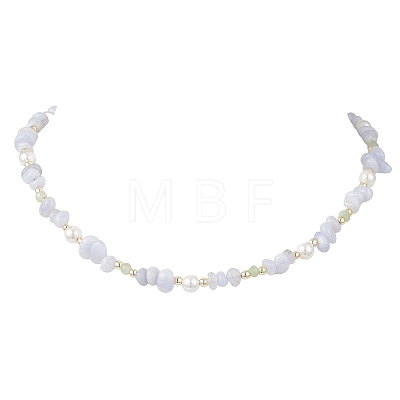 Natural Blue Lace Agate Chip & Dyed Natural Malaysia Jade & Synthetic Hematite & Shell Pearl Bead Necklace & Bracelets Sets SJEW-JS01377-1