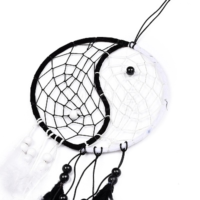Yin Yang Woven Net/Web with Feather Pendant Decoration HJEW-I012-01-1