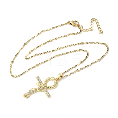 Brass Micro Pave Clear Cubic Zirconia Snake Wrapped Ankh Cross Pendant Necklaces NJEW-S446-01G-1