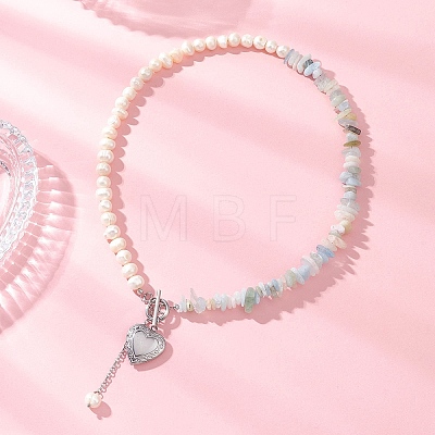 Natural Morganite Chip with Potato Natural Pearl Beaded Necklaces NJEW-JN05894-02-1