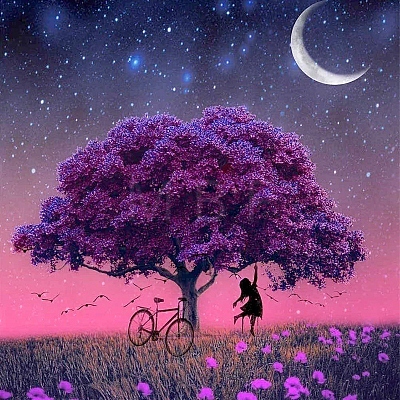 Girl Standing under the Tree  at Starry Night Diamond Painting Kits for Adults PW-WG93321-01-1