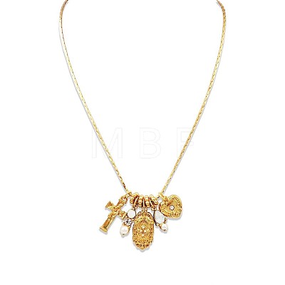 Bohemian Brass Micro Pave Clear Cubic Zirconia & Imitation Pearl & Opalite Cross Heart Oval Pendant Square Snake Chain Necklaces WGC9CA1-01-1