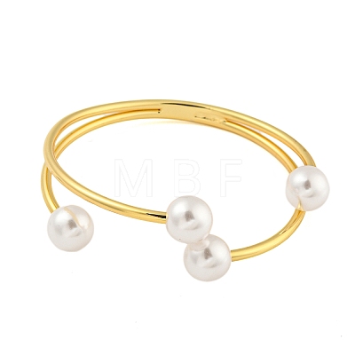 Rack Plating Brass & Round ABS Plastic Imitation Pearl Bangles BJEW-Q347-02G-1