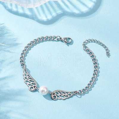 Alloy Wing & Shell Pearl Link Bracelets BJEW-TA00701-1