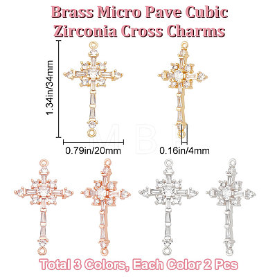 6Pcs 3 Colors Brass Pave Clear Cubic Zirconia Connector Charms ZIRC-BBC0001-90-1