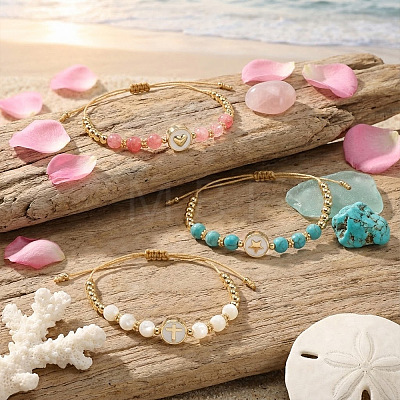 3Pcs Minimalist Adjustable Synthetic Turquoise & Watermelon Stone Glass & Natural Shell Beads Braided Bead Bracelets SR5600-4-1