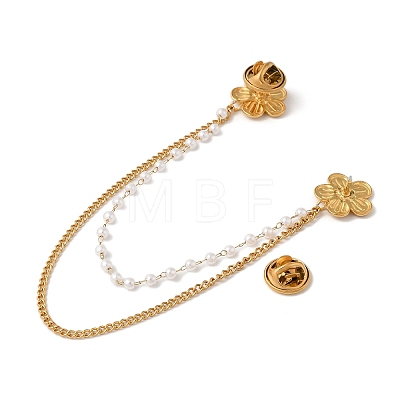 304 Stainless Steel Pave Clear Cubic Zirconia & ABS Pearl Flower Hanging Chain Brooch JEWB-S021-05G-1