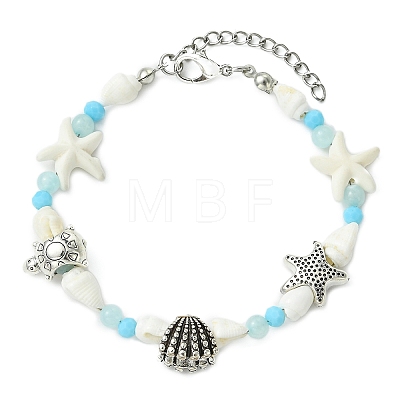 Synthetic Turquoise & Natural Dyed Yellow Jade & Trumpet Shell & Glass & Brass Beaded Bracelets for Women BJEW-JB14105-1