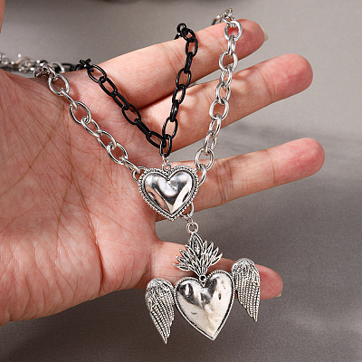 Duo Tone Alloy Heart with Angel Wings Pendant Double Layer Necklaces for Women WGB1CA0-01-1