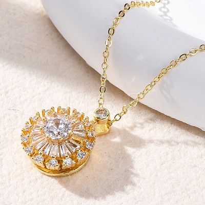 Brass Clear Cubic Zirconia Rotatable Sunflower Pendant Necklaces for Women NJEW-C067-05G-1