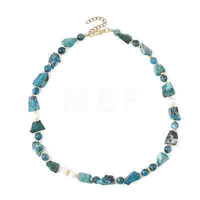 Round Natural Apatite & Nuggets Chrysocolla & Potato Pearl Beaded Necklaces NJEW-JN06592-1