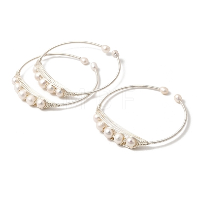 Brass Wire Wrapped Natural Pearl Open Cuff Bangles for Women BJEW-D453-03S-1