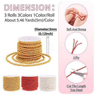 3 Rolls 3 Colors Round Polyester Cord OCOR-TA0003-88A-1
