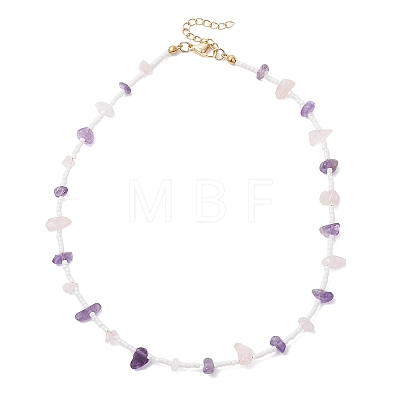 Natural Amethyst & Rose Quartz Chip & Glass Seed Baeded Necklaces for Women NJEW-JN05603-03-1