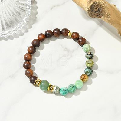 Natural African Padauk Wood & Green Line Jasper Beaded Stretch Bracelets for Women BJEW-JB14100-02-1