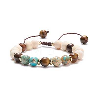 Natural Wood  & Imperial Jasper(Dyed) & Tiger Eye Braided Beaded Bracelet BJEW-JB08210-1