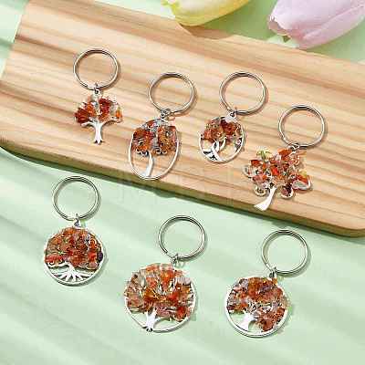 Natural Carnelian Chip & Alloy Tree of Life Pendant Keychain KEYC-JKC00648-04-1