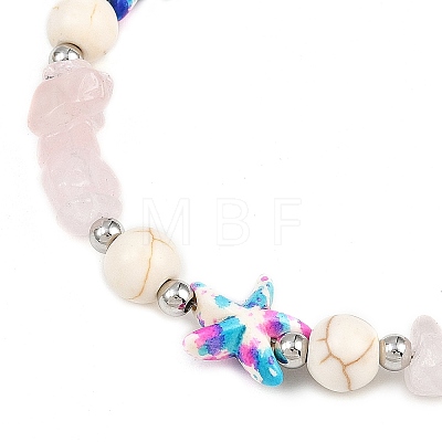 Dyed Synthetic Turquoise Starfish & Natural Rose Quartz Chip Beaded Anklets with 304 Stainless Steel End Chains AJEW-AN00733-01-1