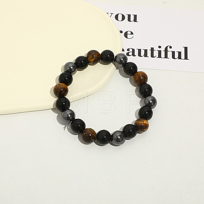 Dyed Natural Tiger Eye & Obsidian Round Beaded Stretch Bracelet X-PW-WG77768-02-1