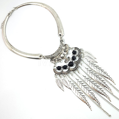 Bohemian Alloy Resin Leaf Tassel Pendant Choker Necklaces for Women WG038CD-02-1