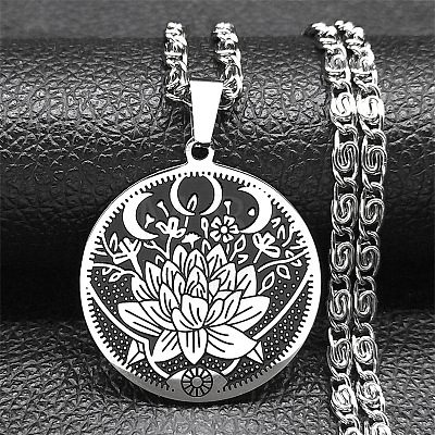 304 Stainless Steel Lunar Lotus Talisman Pendant Necklaces NJEW-S007-21P-1