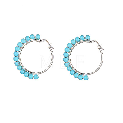 Stainless Steel & Synthetic Turquoise Rondelle Bead Hoop Earrings FS-WG54185-07-1