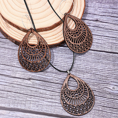 Wood & Wax Cord Pendant Necklaces & Hoop Earrings Sets FS-WG8CCFA-02-1