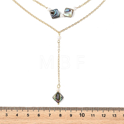 Natural Paua Shell Geometric Y Pendant Brass Double Layered Necklaces NJEW-JN06532-02-1