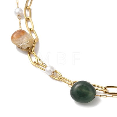 Nuggets Natural Moss Agate & Imitation Pearl Multi-Strand Anklets BJEW-P326-01B-G-1