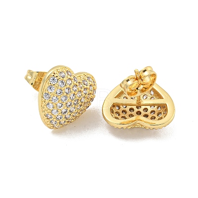 Heart Brass Pave Clear Cubic Zirconia Stud Earrings EJEW-M258-041G-1