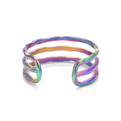Ion Plating(IP) Rainbow Color 304 Stainless Steel Triple Line Open Cuff Ring for Women RJEW-C025-12M-1