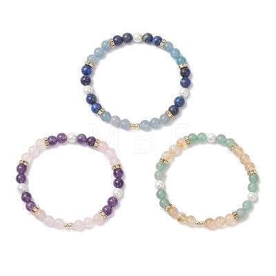 3Pcs Natural Mixed Gemstone and Shell Pearl Round Beads Stretch Bracelets for Women BJEW-JB12229-1