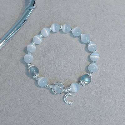Moon Alloy Cat Eye & Natural Moonstone Round Beaded Charm Bracelets WG18D49-10-1