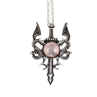 Natural Rose Quartz Dragon Sword Pendant Necklace G-PW0004-67C-1