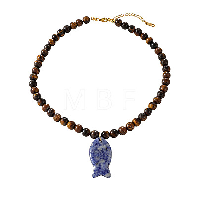 Ocean Natural Blue Spot Jasper Fish Pendant Natural Tiger Eye Round Beaded Necklaces for Women WG65B2A-01-1